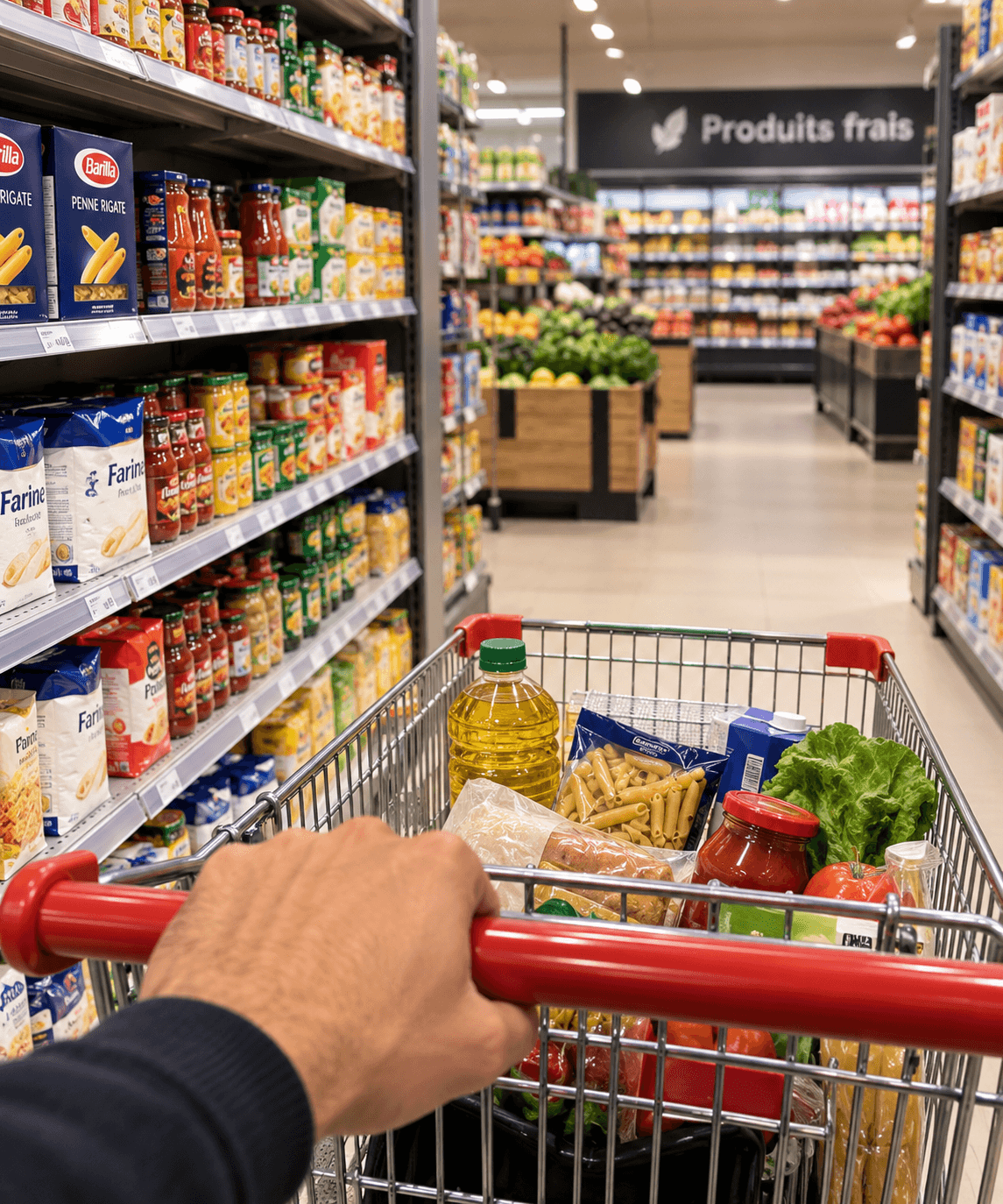 Rayon d’épicerie en magasin, vu depuis un chariot